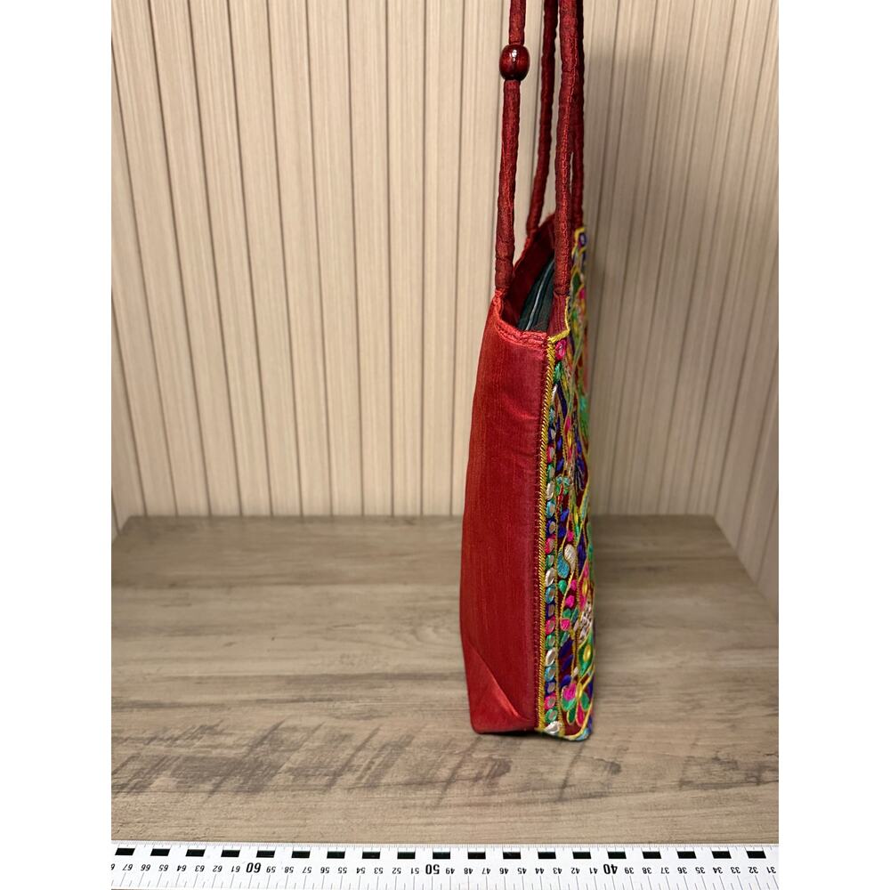 Embroidered Floral Tote Bag Red Beaded Handle Boho Shoulder Bag - Picture 9 of 10